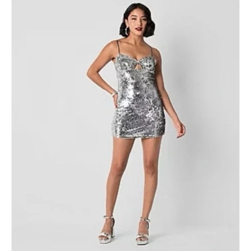 Johnny Wujek Sequin Bow Cutout Mini Dress Silver Sparkle Holiday Party Club